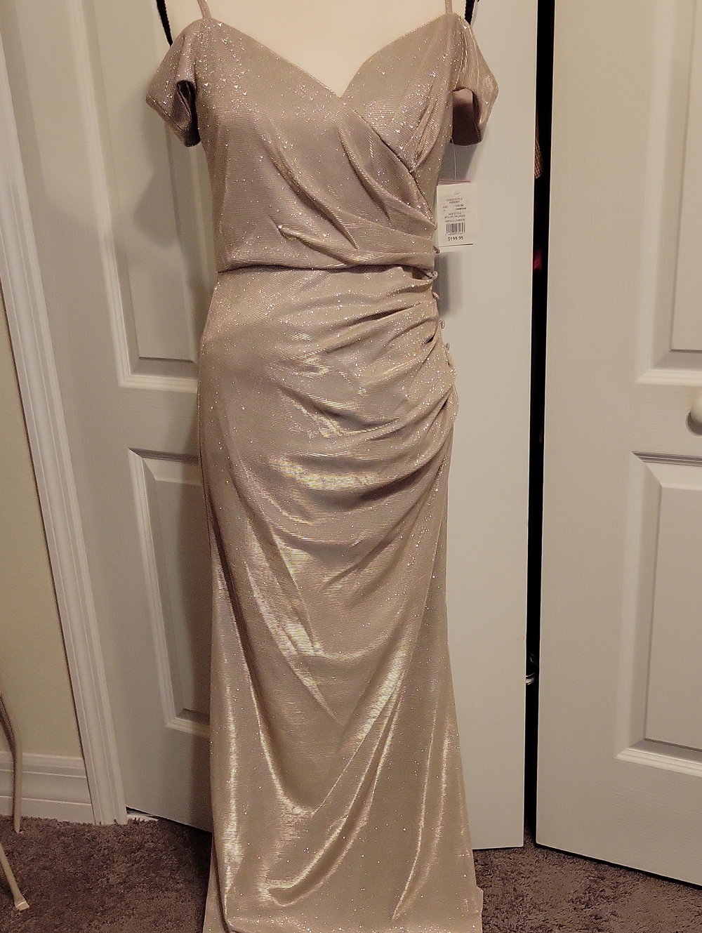 David's Bridal Shimmery Champagne Off-Shoulder Maxi Dress Small